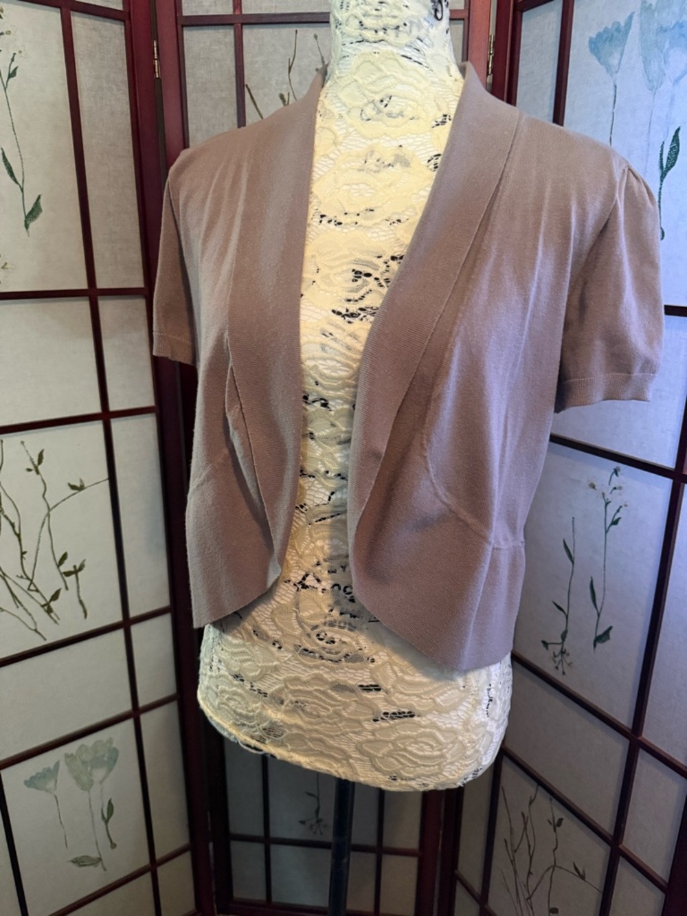 INC International Concepts Short Open-Front Cardigan in Taupe